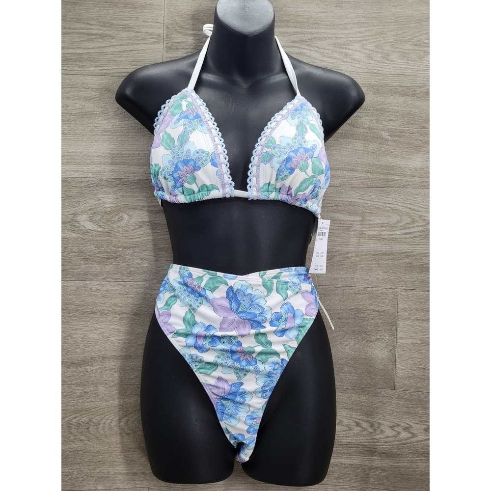 NWT Hollister Floral Bikini Set Women's XL Blue Purple Crochet Trim Curvy Cheeky